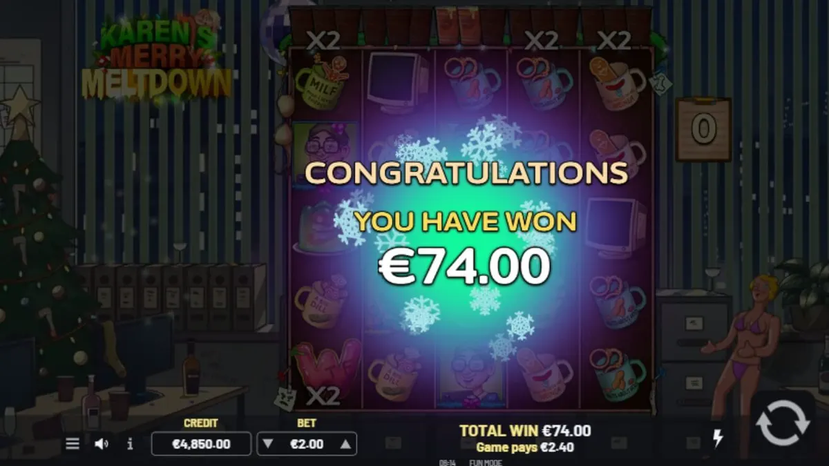 Karen’s Merry Meltdown slot com tema de festa corporativa caótica
